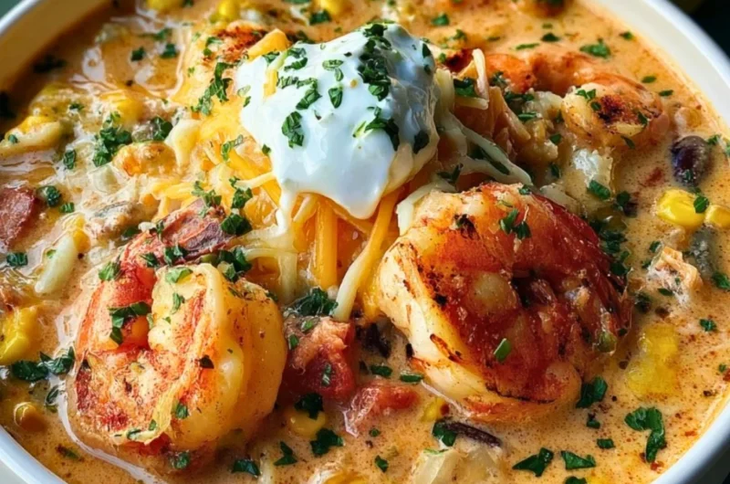 Creamy seafood chili with shrimp in a bowl, garnished with herbs.