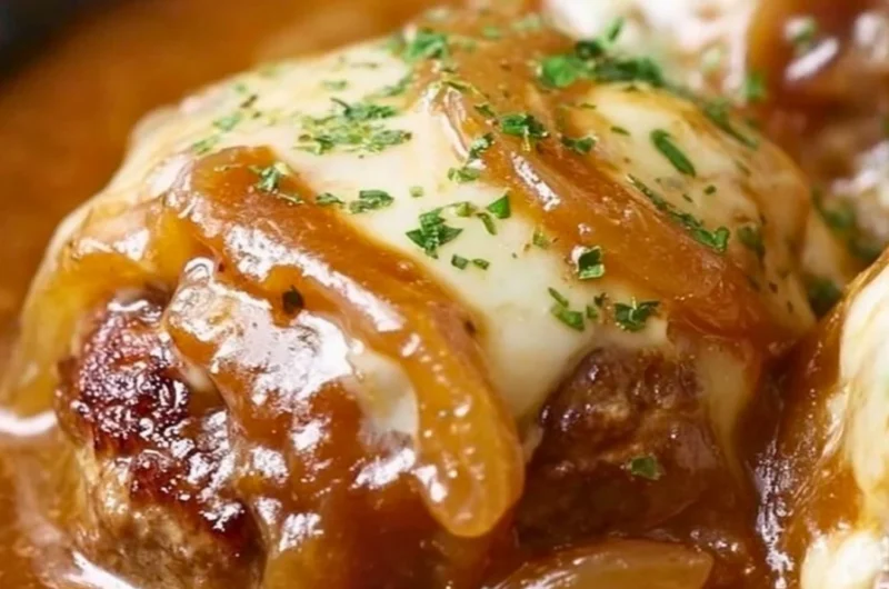 Delicious French Onion Salisbury Steak served with gravy and caramelized onions