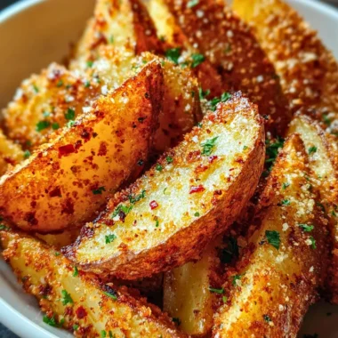 Crispy Garlic Parmesan Potato Wedges garnished with parsley