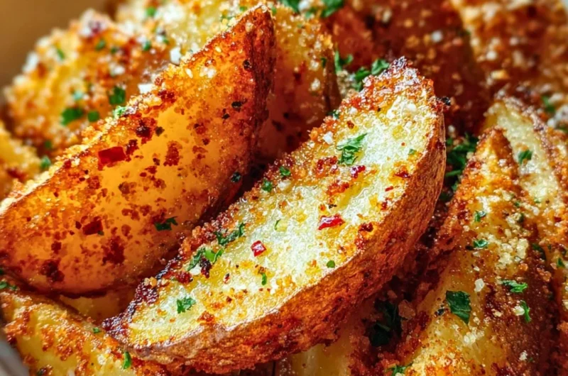 Crispy Garlic Parmesan Potato Wedges garnished with parsley