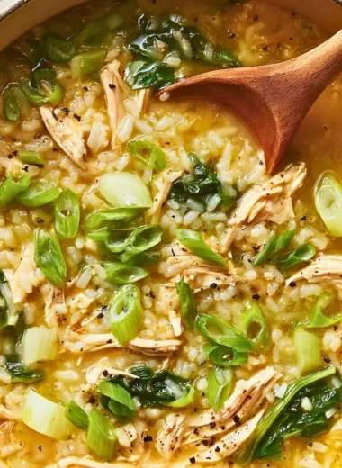 Ginger Chicken Soup with bok choy and rice in a bowl