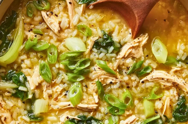 Ginger Chicken Soup with bok choy and rice in a bowl