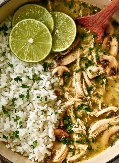 Ginger Lime Chicken and Mushroom Soup served with Cilantro Rice on a plate
