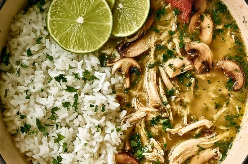 Ginger Lime Chicken and Mushroom Soup served with Cilantro Rice on a plate