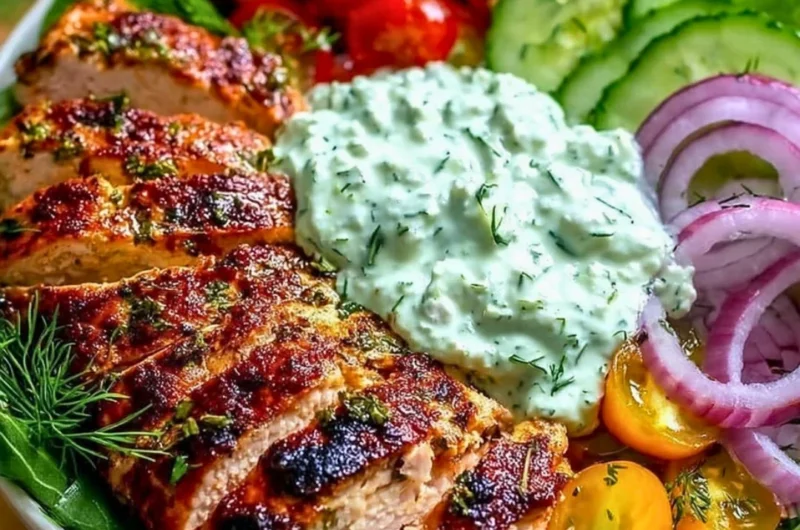 Grilled chicken tzatziki power bowl with fresh vegetables and sauce