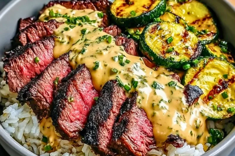 Delicious Grilled Steak Bowl with sauce and grilled zucchini served in a bowl.