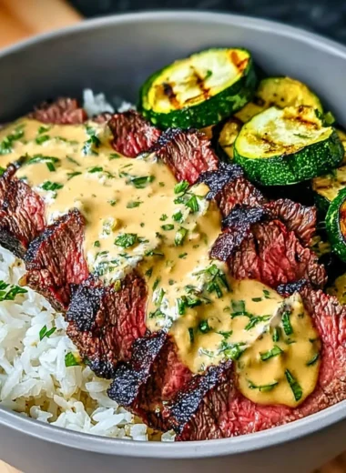 Delicious Grilled Steak Bowl with sauce and grilled zucchini