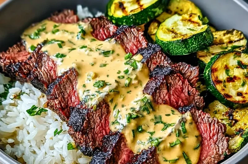 Delicious Grilled Steak Bowl with sauce and grilled zucchini