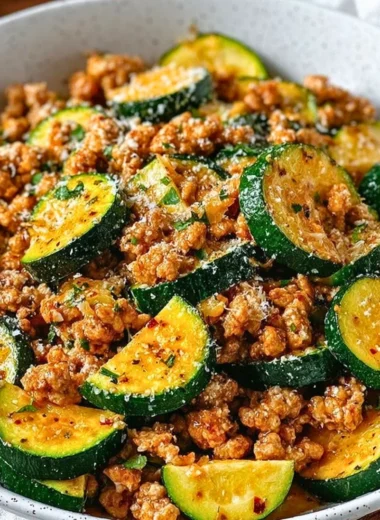 Ground Turkey and Zucchini Skillet dish on a plate with fresh herbs