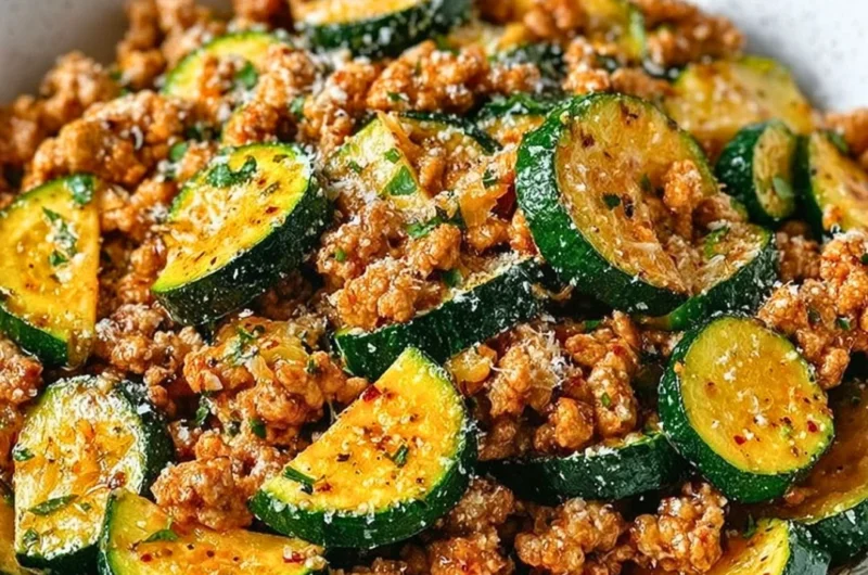 Ground Turkey and Zucchini Skillet dish on a plate with fresh herbs