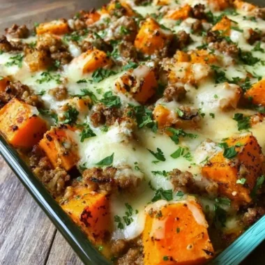 Healthy ground turkey sweet potato bake topped with herbs and spices