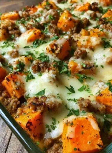 Healthy ground turkey sweet potato bake topped with herbs and spices