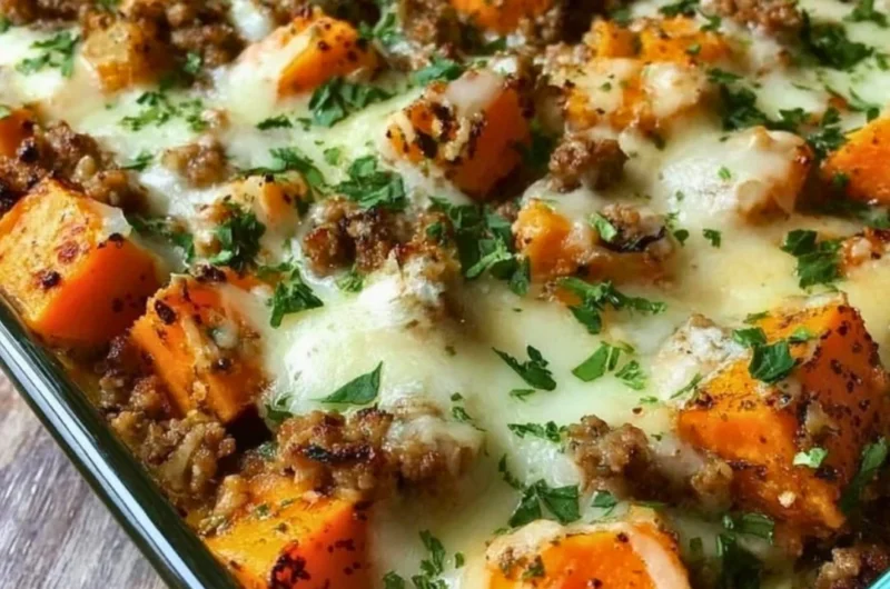 Healthy ground turkey sweet potato bake topped with herbs and spices