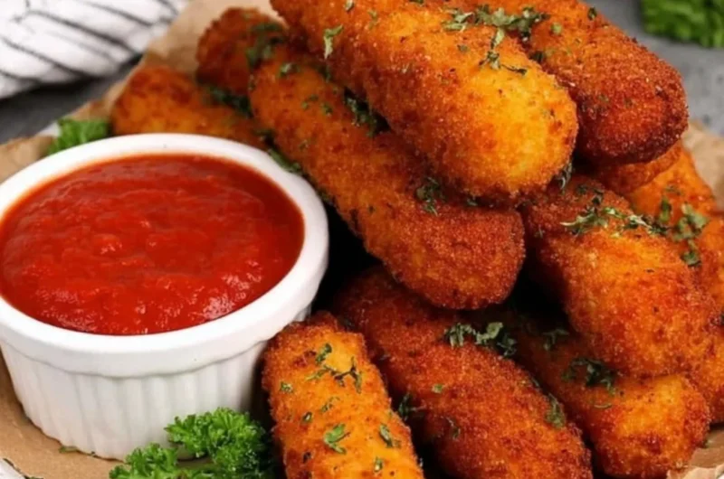 Plate of homemade mozzarella sticks ready to be served.