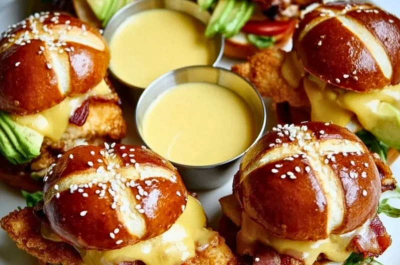 Honey Mustard BLT Chicken Sliders on a platter garnished with fresh lettuce and tomato.