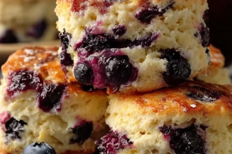 Baked blueberry biscuits on a cooling rack, fresh out of the oven.