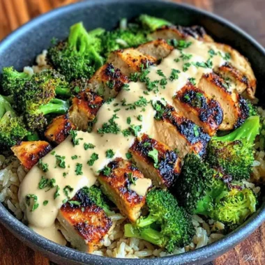 Grilled chicken bowls with broccoli and creamy garlic sauce for a healthy meal