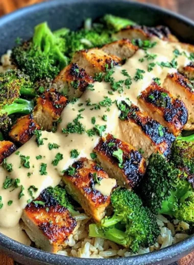 Grilled chicken bowls with broccoli and creamy garlic sauce for a healthy meal