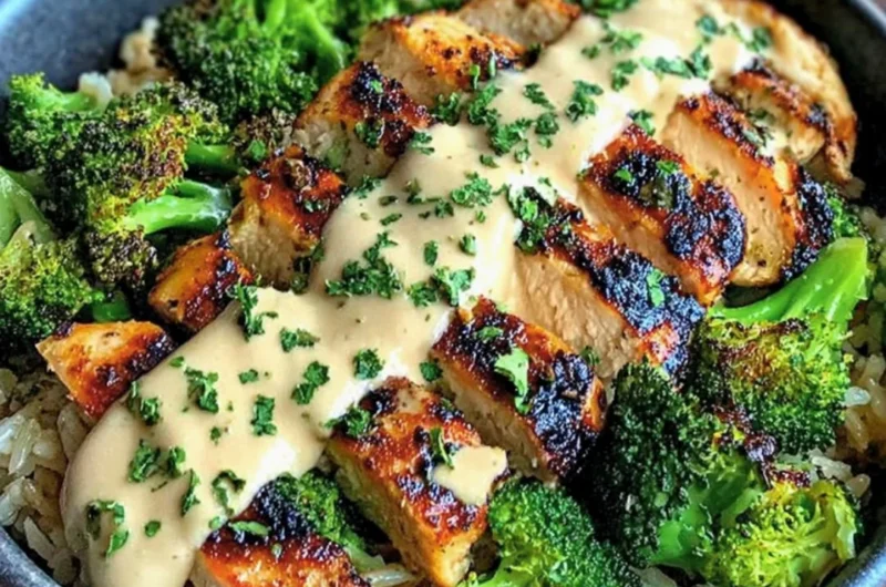 Grilled chicken bowls with broccoli and creamy garlic sauce for a healthy meal