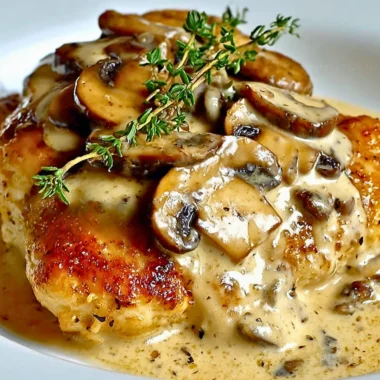 Creamy mushroom chicken with Asiago cheese served on a plate
