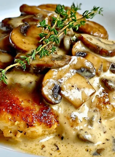 Creamy mushroom chicken with Asiago cheese served on a plate