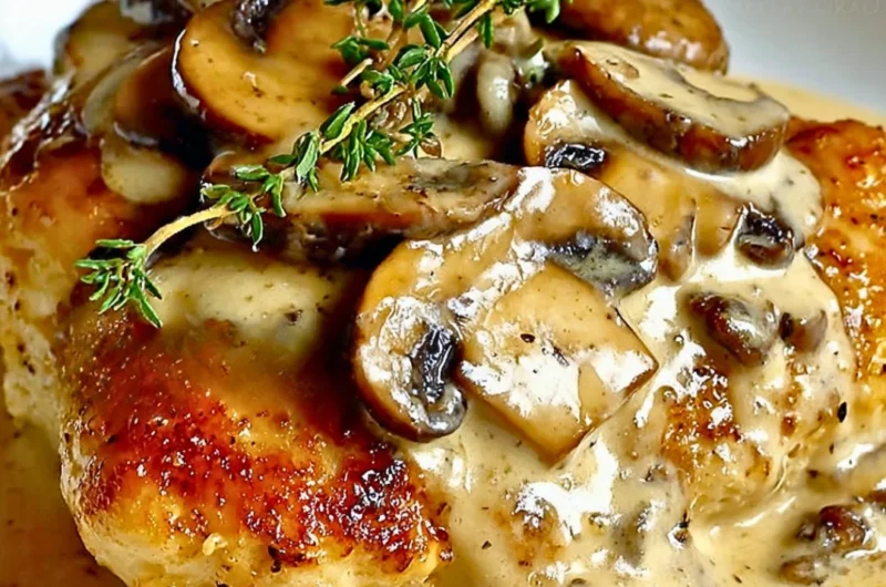 Creamy mushroom chicken with Asiago cheese served on a plate