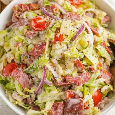 Delicious Italian Grinder Salad featuring fresh chopped vegetables and meats.