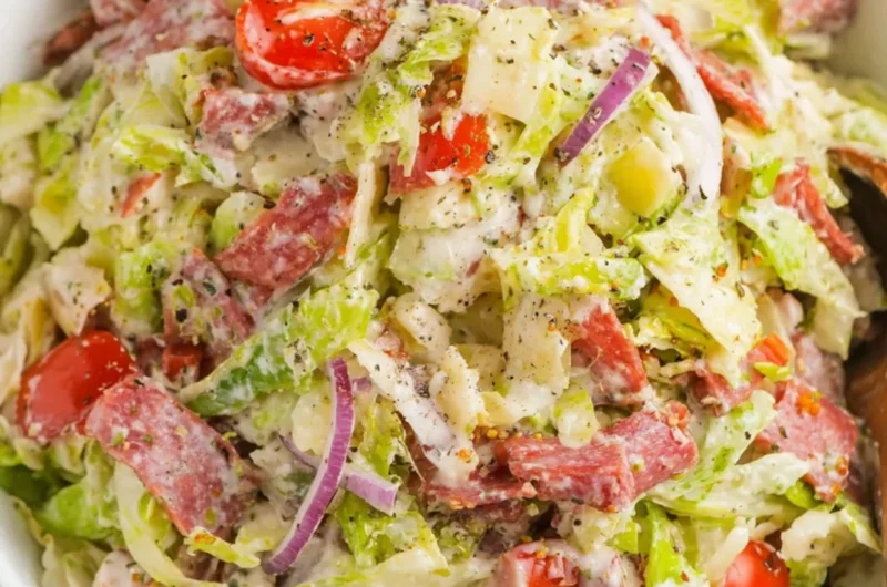 Delicious Italian Grinder Salad featuring fresh chopped vegetables and meats.