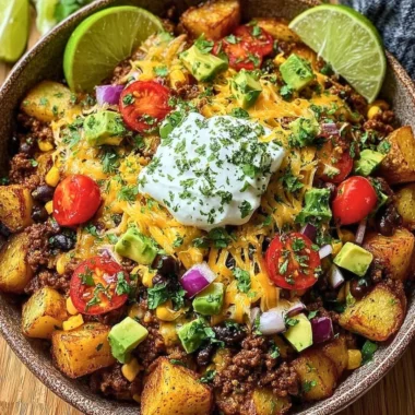 Delicious Loaded Potato Taco Bowl topped with fresh ingredients