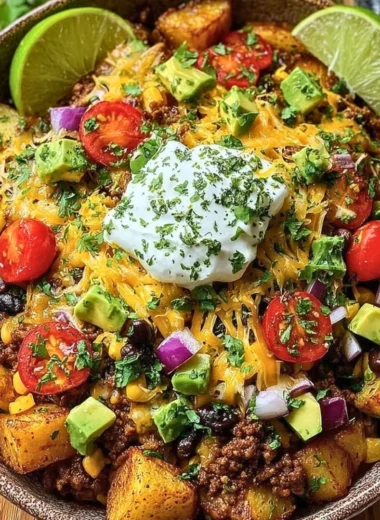 Delicious Loaded Potato Taco Bowl topped with fresh ingredients