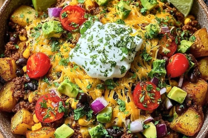 Delicious Loaded Potato Taco Bowl topped with fresh ingredients