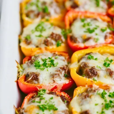 Keto cheeseburger stuffed peppers on a plate, garnished and ready to eat.