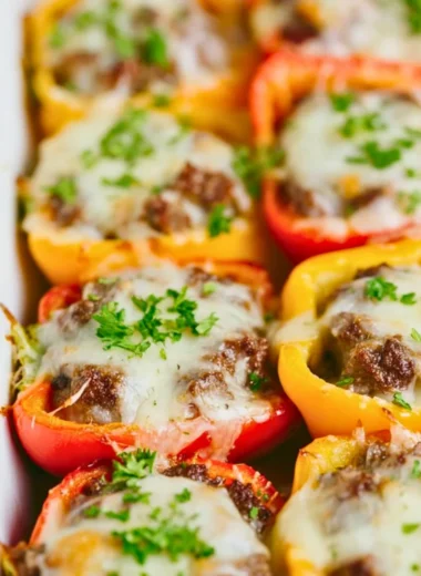 Keto cheeseburger stuffed peppers on a plate, garnished and ready to eat.