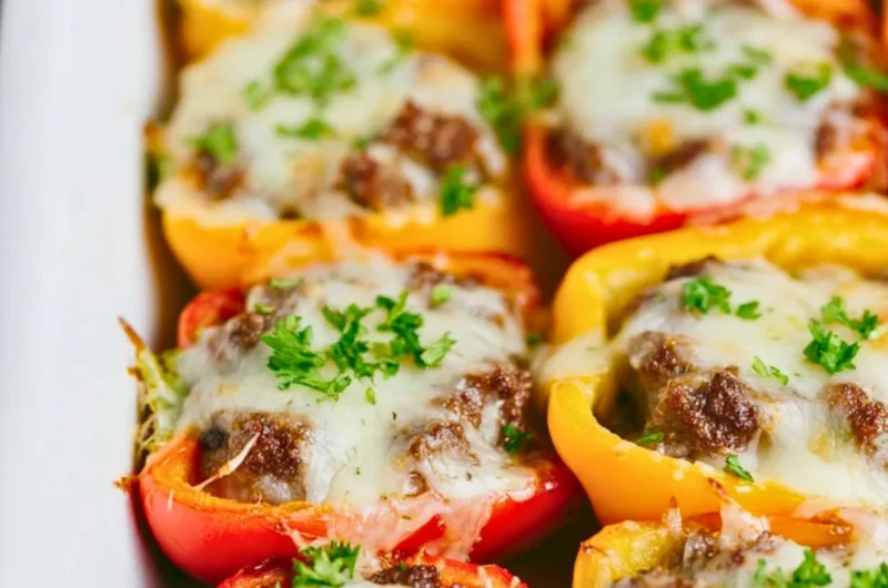 Keto cheeseburger stuffed peppers on a plate, garnished and ready to eat.