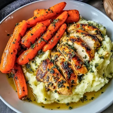 Delicious garlic herb chicken with mashed potatoes and glazed carrots on a plate.