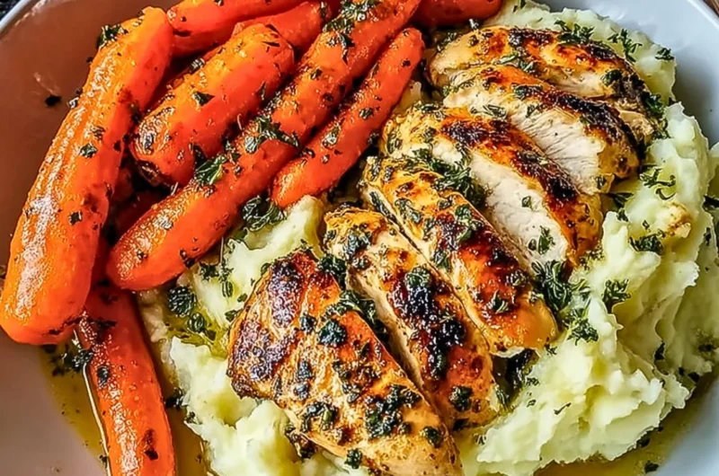 Delicious garlic herb chicken with mashed potatoes and glazed carrots on a plate.