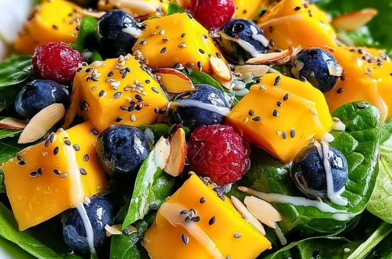 A colorful mango salad topped with fresh greens and a zesty dressing