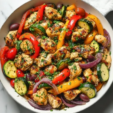 Colorful Mediterranean chicken stir fry with vegetables in a skillet