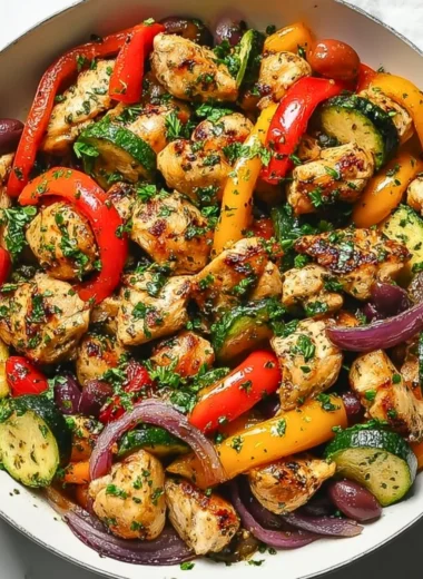 Colorful Mediterranean chicken stir fry with vegetables in a skillet