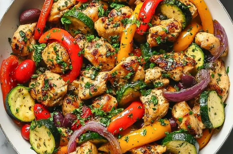 Colorful Mediterranean chicken stir fry with vegetables in a skillet
