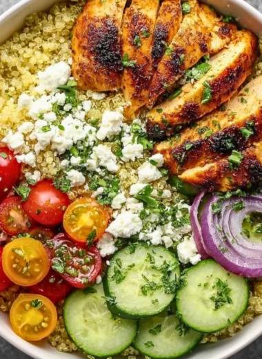 Mediterranean Lemon Chicken Bowls with vibrant vegetables and grains