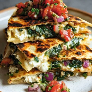 Mediterranean Quesadillas with spinach, feta cheese, mozzarella, and red onion.