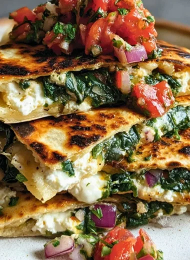 Mediterranean Quesadillas with spinach, feta cheese, mozzarella, and red onion.
