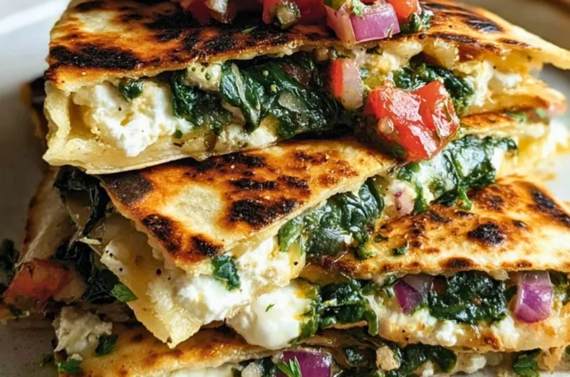 Mediterranean Quesadillas with spinach, feta cheese, mozzarella, and red onion.