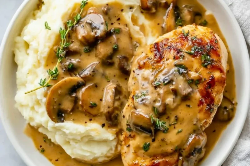 Deliciously cooked Mushroom Chicken served on a plate with garnishes