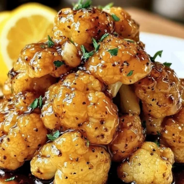 Delicious vegan lemon pepper cauliflower dish with a glossy glaze.