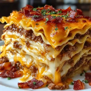 Delicious Parmesan Garlic Bacon Cheeseburger Lasagna garnished with herbs