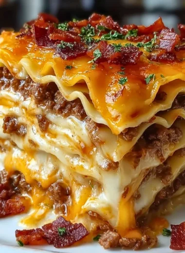 Delicious Parmesan Garlic Bacon Cheeseburger Lasagna garnished with herbs