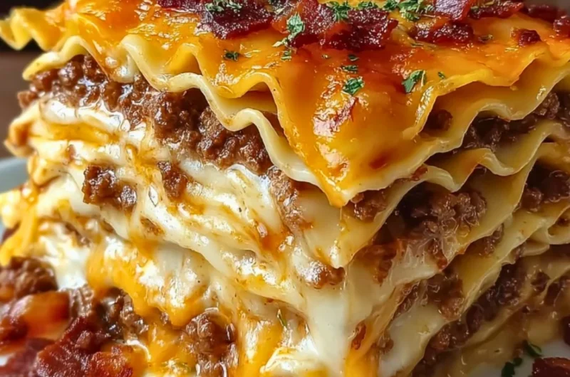 Delicious Parmesan Garlic Bacon Cheeseburger Lasagna garnished with herbs