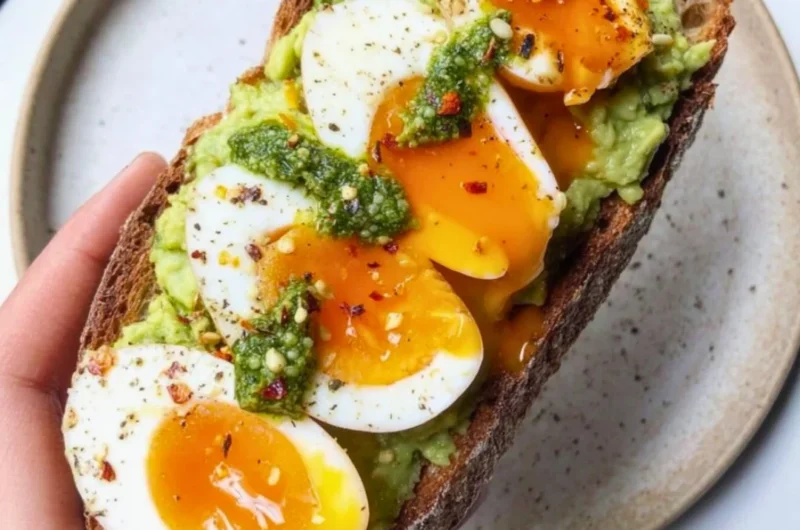 Pesto avocado toast topped with eggs on a plate, showcasing vibrant green colors.